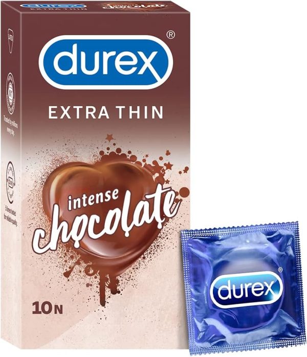 Durex Extra Thin Intense Chocolate condoms, 10-pack, designed for enhanced pleasure and a chocolate flavor experience