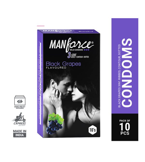 Manforce Black Grapes Flavoured Condoms, pack of 10, featuring a vibrant black grape design on the packaging.