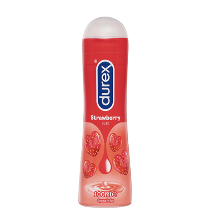 Durex Play Sweet Strawberry Lubricant, 100 ML bottle, featuring a vibrant strawberry design on the label.