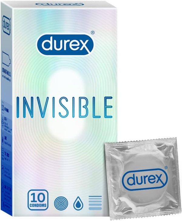Durex Invisible extra thin condoms, 10-pack, designed for enhanced sensitivity and comfort during intimate moments.