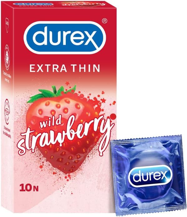Durex Extra Thin Wild Strawberry condoms, 10-pack, featuring a fruity scent for enhanced intimacy.