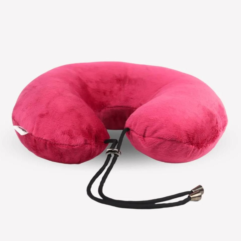 Maroon travel neck pillow with a black cord, designed for comfort during journeys.