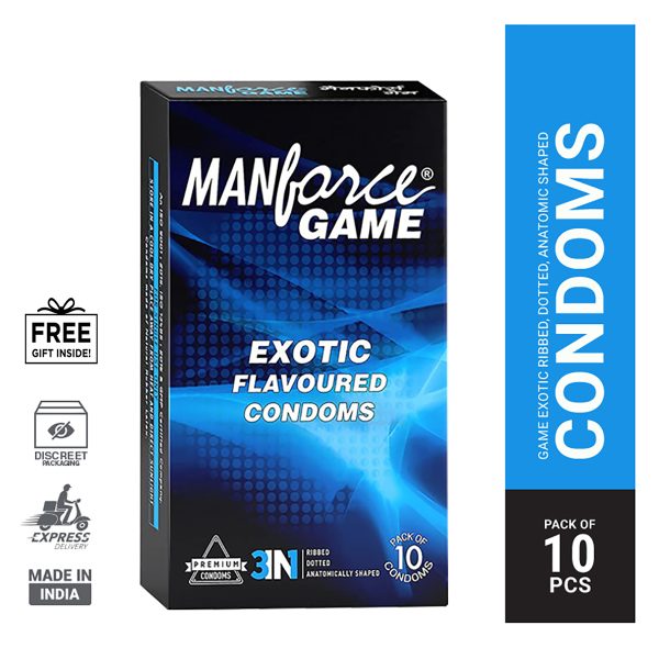 Blue packaging of Manforce Game Exotic Flavoured Condoms, featuring a pack of 10 pieces.