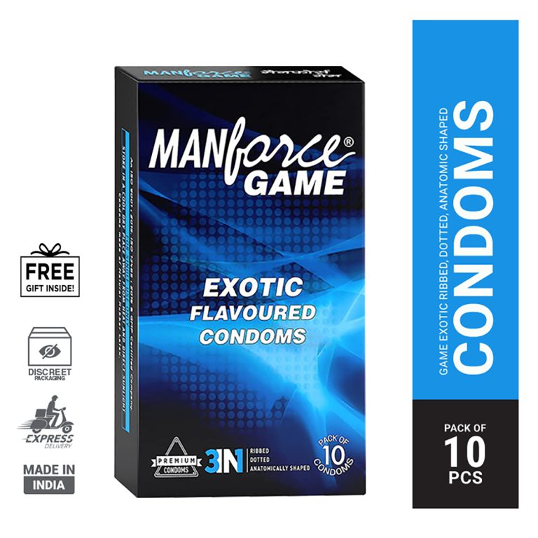 Blue packaging of Manforce Game Exotic Flavoured Condoms, featuring a pack of 10 pieces.