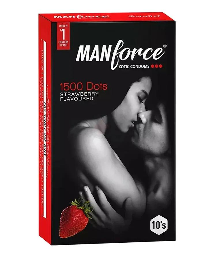 Manforce strawberry flavored condoms, 10-pack, featuring 1500 dots for enhanced pleasure and sensation.