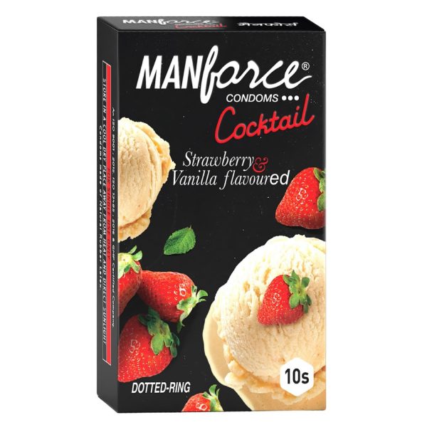 Manforce strawberry and vanilla flavored condoms pack, featuring 10 pieces, displayed with ice cream imagery.