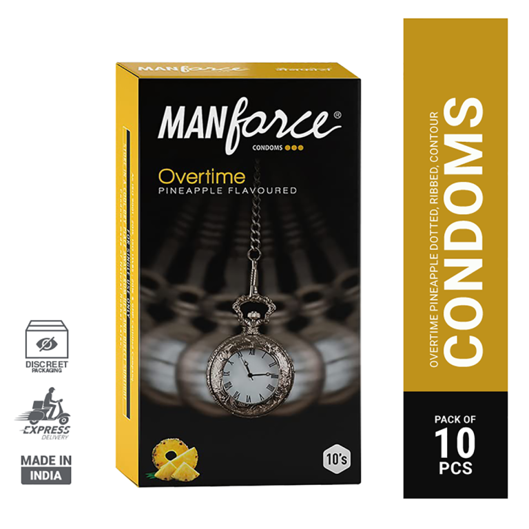 Manforce Overtime Pineapple Flavored Condoms, 10-pack, designed for extended pleasure and enhanced experience.