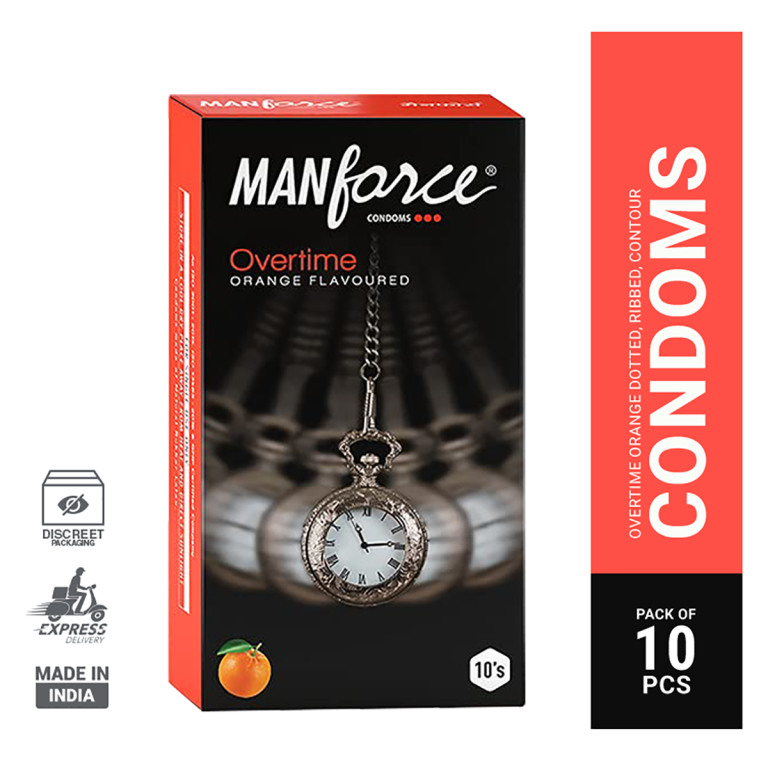 Manforce Overtime orange-flavored condoms, 10-pack, designed for extended pleasure and enhanced experience.