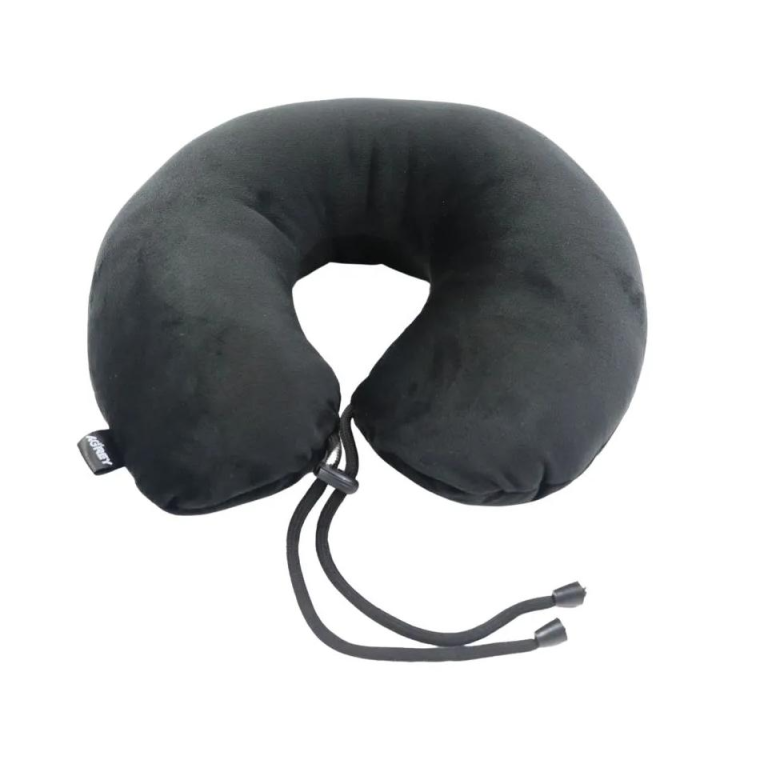 Black travel neck pillow with a black cord, designed for comfort during journeys.