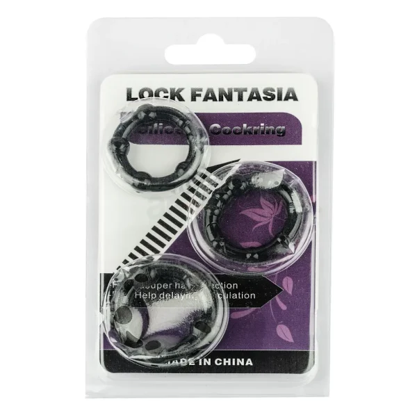 Three-pack of Lock Fantasia silicone cock rings for men, designed for comfort and enhanced pleasure.