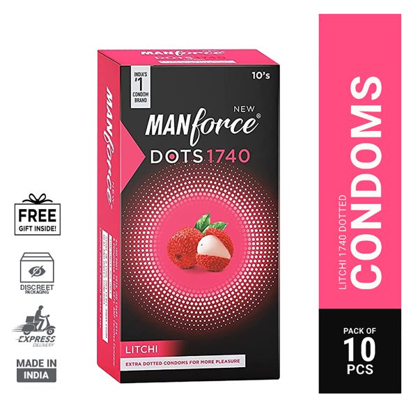 Manforce Dots Litchi Flavored Condoms, 10-pack, featuring textured design for enhanced pleasure and safety.