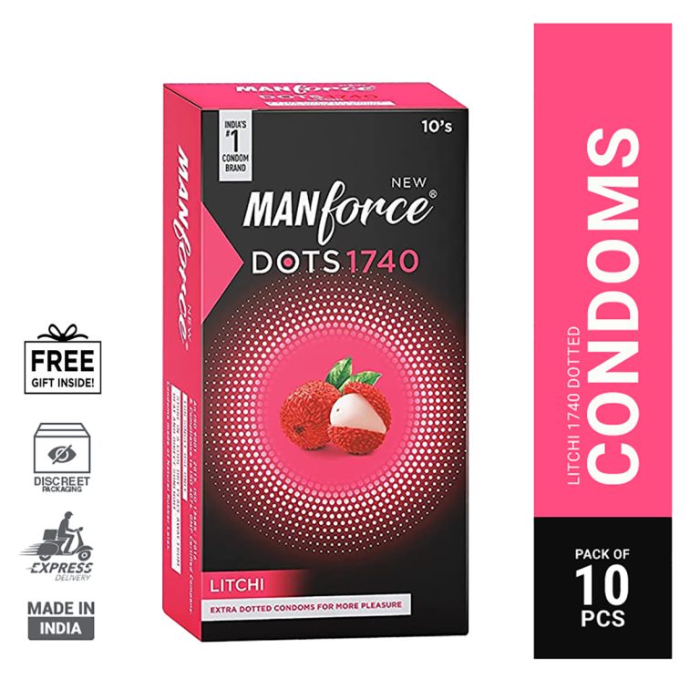 Manforce Dots Litchi Flavored Condoms, 10-pack, featuring textured design for enhanced pleasure and safety.