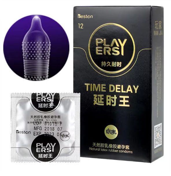 Package of Beston Play Ersy Time Delay Condoms, 12 black condoms designed for extended pleasure.