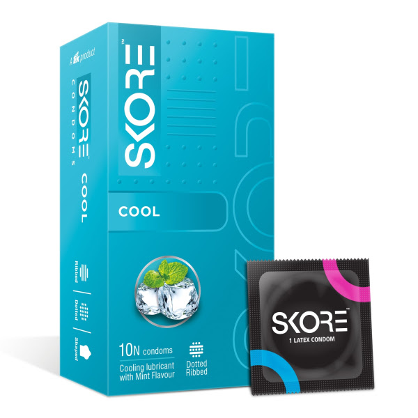 Skore Cool mints and lubricant condoms pack, featuring 10 pieces for enhanced pleasure and freshness.