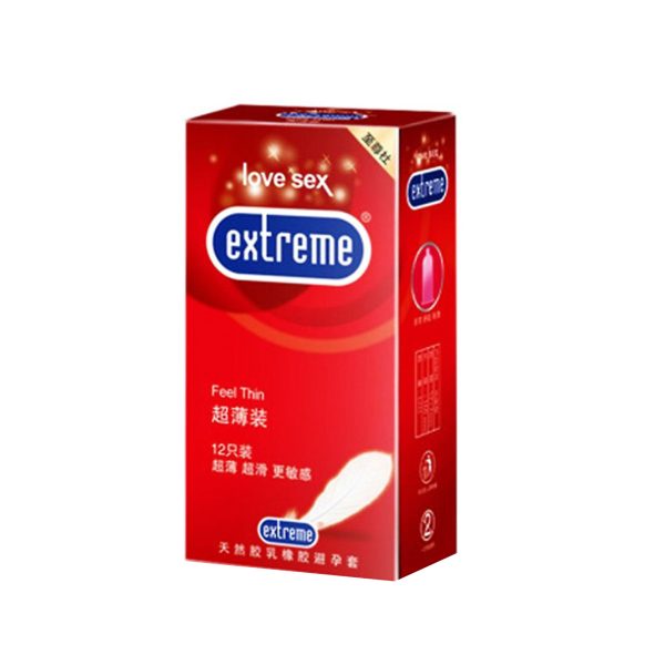 A box of Extreme Feel Thin Condoms, containing 12 pieces, displayed on a white background.