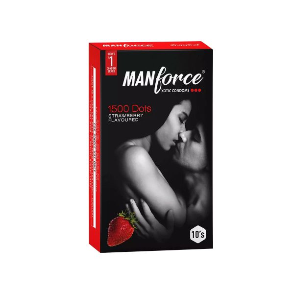 Manforce Super 1500 Dots Strawberry condoms pack, featuring 10 pieces for enhanced pleasure and a fruity experience.