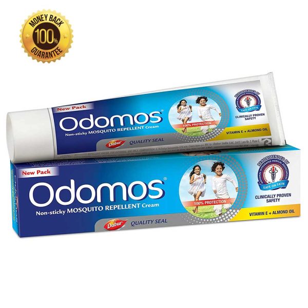 Odomos Non-Sticky Mosquito Repellent Cream tube with Vitamin E and Almond, 100 gm, displayed against a plain background.