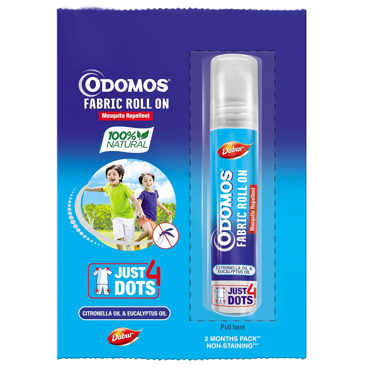 Odomos Mosquito Repellant Fabric Roll On deodorant, 8ml, featuring a sleek design for easy application and portability.