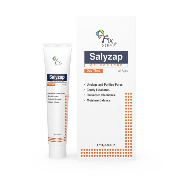 Salyzap cream tube and box, labeled Fixderma Salyzap Gel 20gm, displayed together on a neutral background.