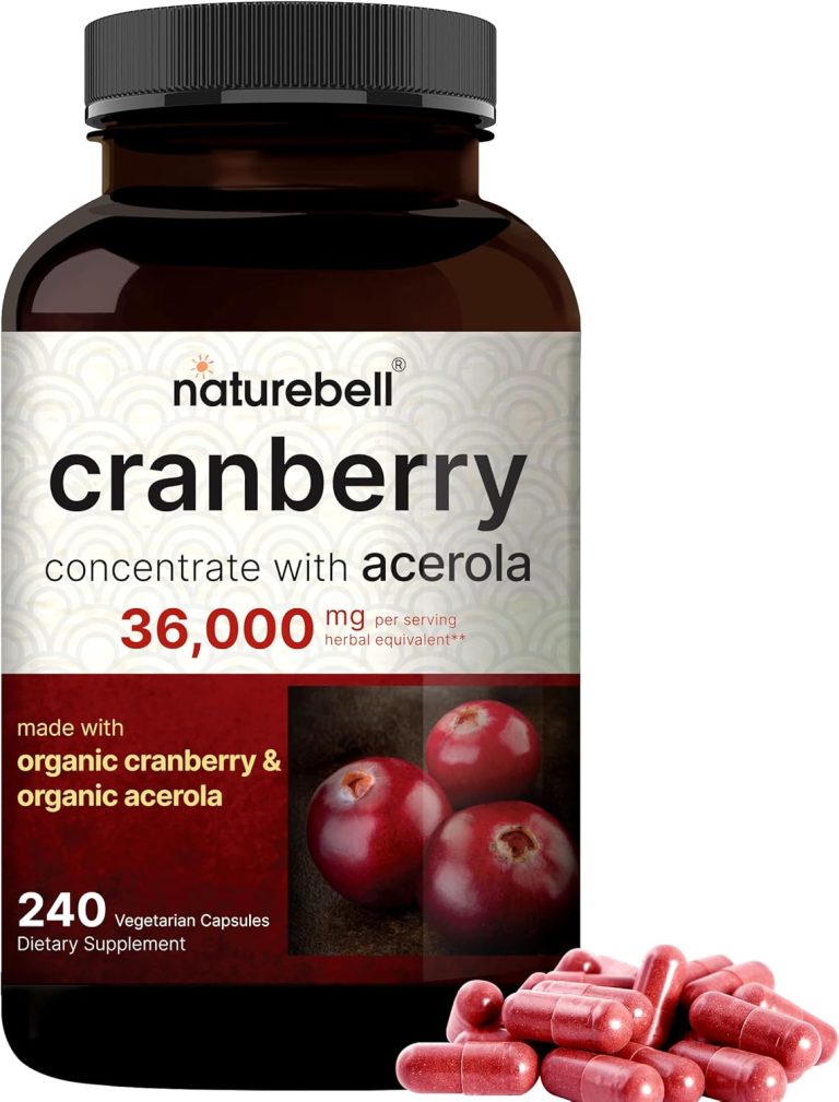 Naturebell cranberry concentrate with acerola, featuring 240 veggie capsules of 36,000mg cranberry extract.