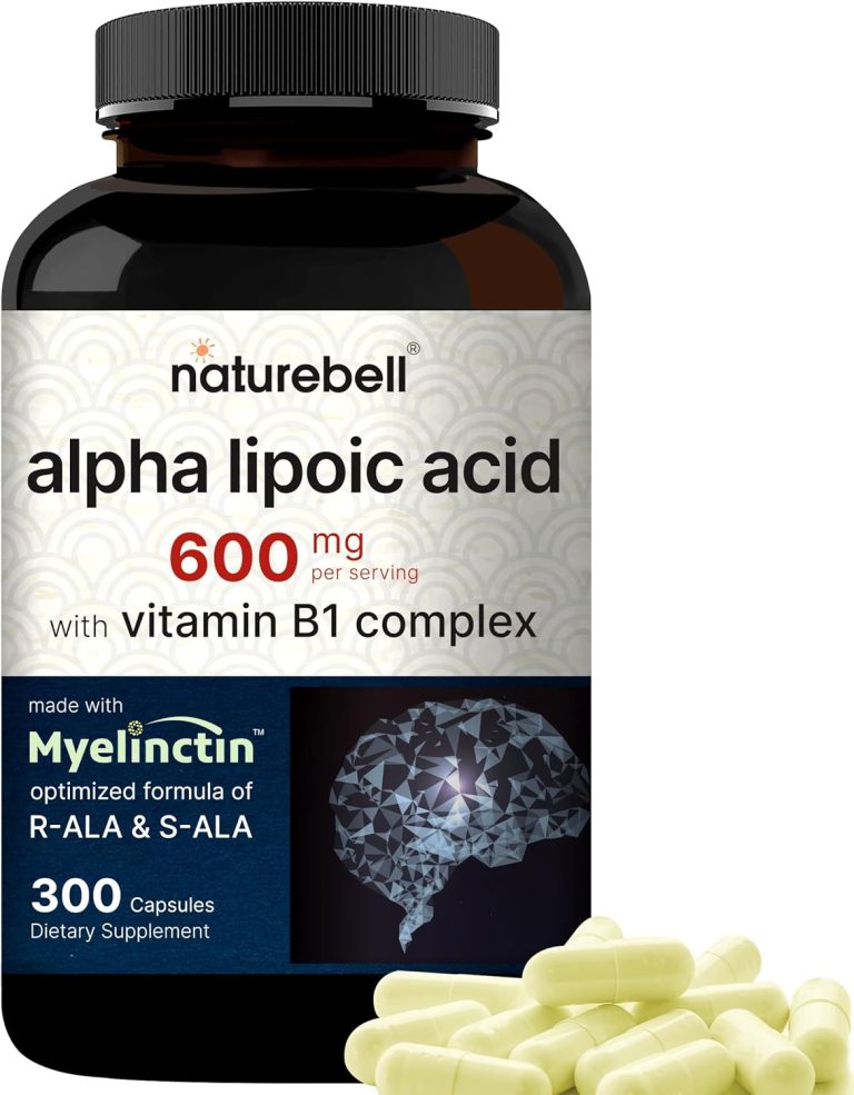 Naturebell Alpha Lipoic Acid 600mg with Vitamin B Complex, 300 capsules, displayed on a white background.