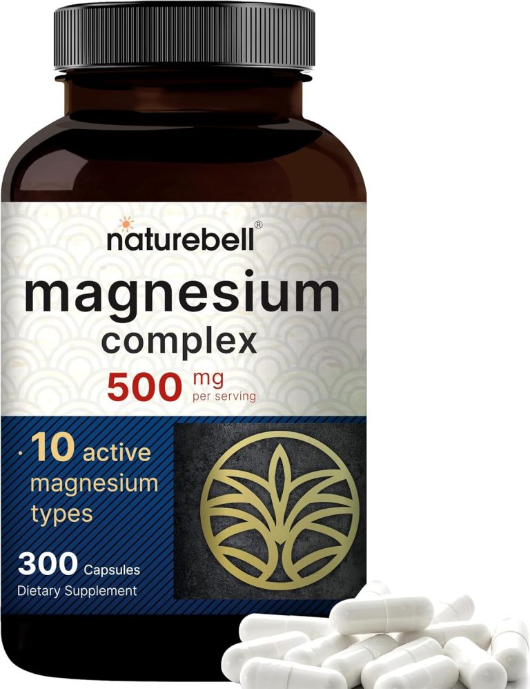 NatureBell Magnesium Complex 500mg supplement bottle with 300 capsules, promoting health and wellness.