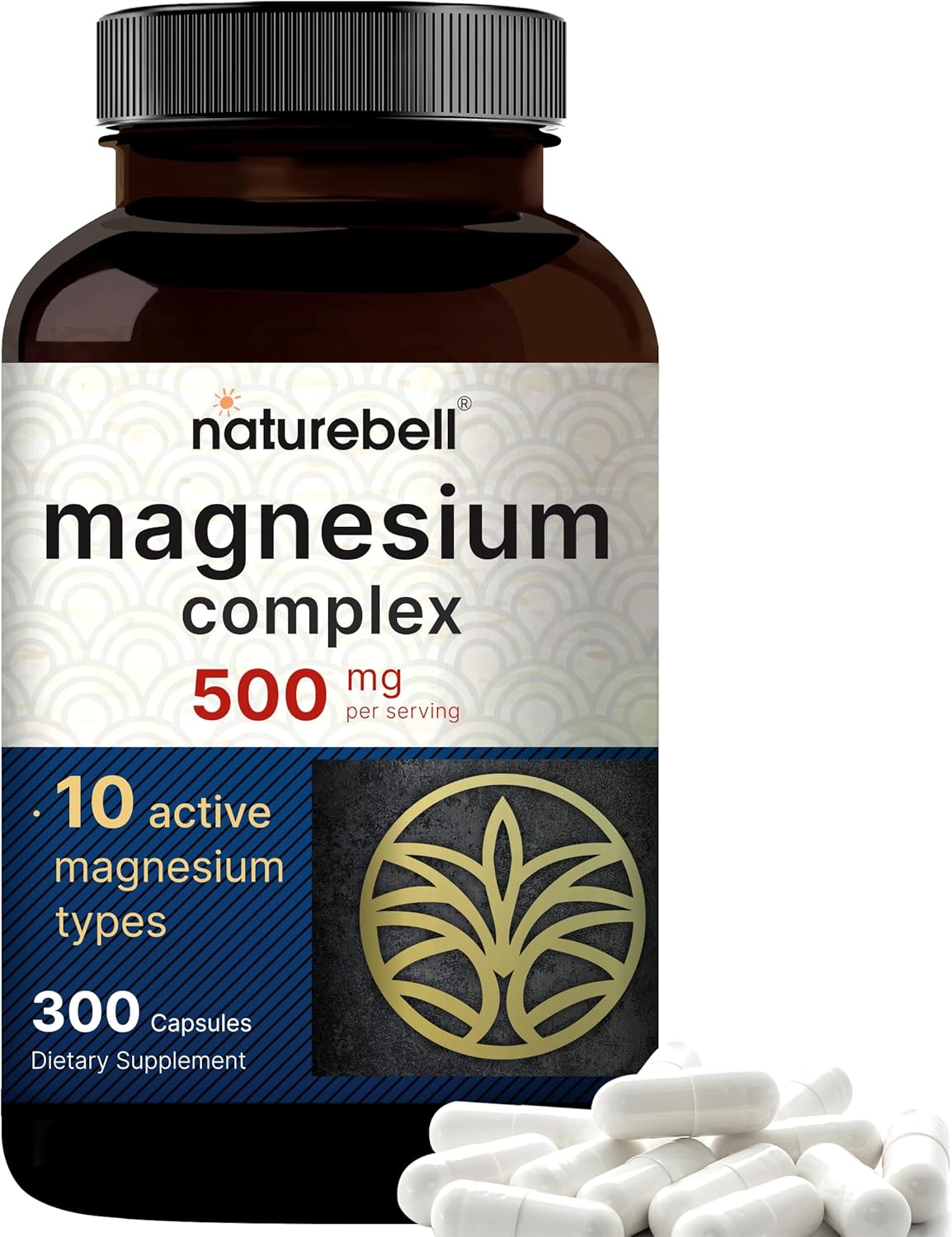 NatureBell Magnesium Complex 500mg supplement bottle with 300 capsules, promoting health and wellness.