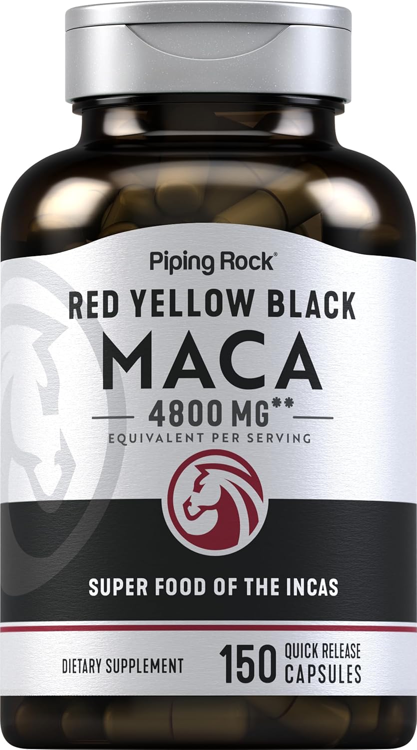 Piping Rock Red Yellow Black Maca 4800mg, 150 capsules, displayed in a colorful bottle against a white background.
