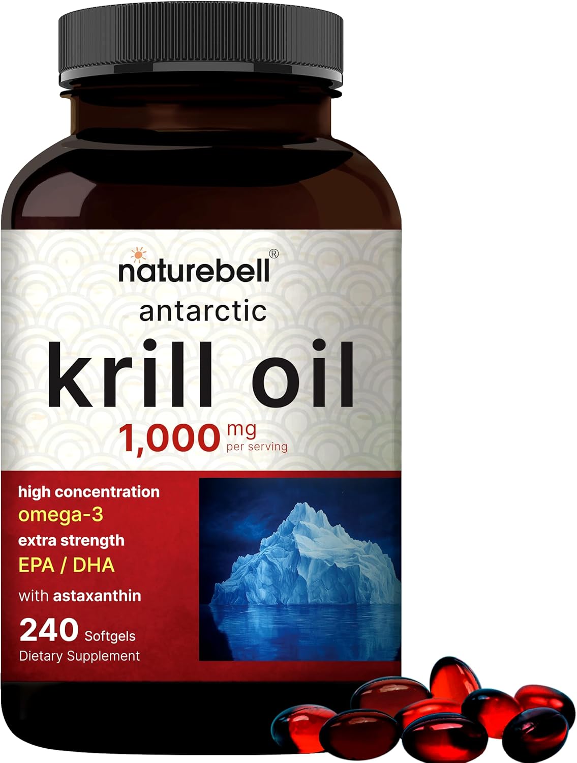 338 NatureBell Antarctic Krill Oil 1000mg supplement, featuring 240 softgels in a clear bottle against a white background.