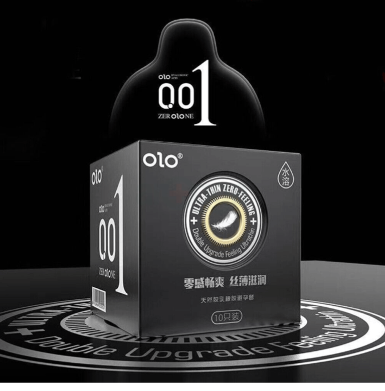 Black box labeled '1' containing OLO Ultra Thin Zero Feelings condoms, 10 pieces.