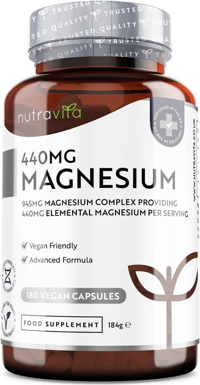Nutravita 1480mg magnesium capsules, 180 vegan capsules of magnesium citrate, promoting health and wellness.