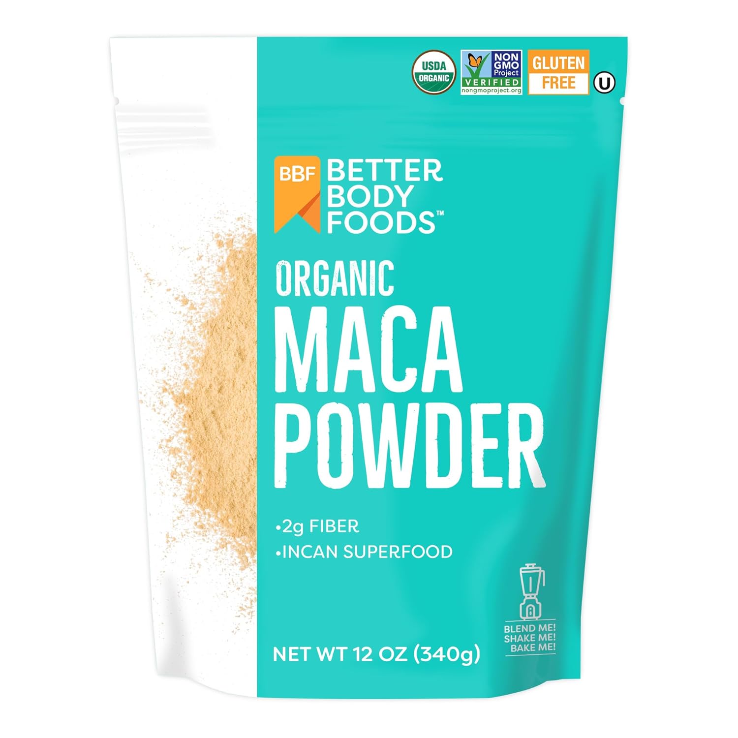 347 BetterBody Foods Organic Maca Powder, 340 gm, Non-GMO and gluten-free, in a resealable package.