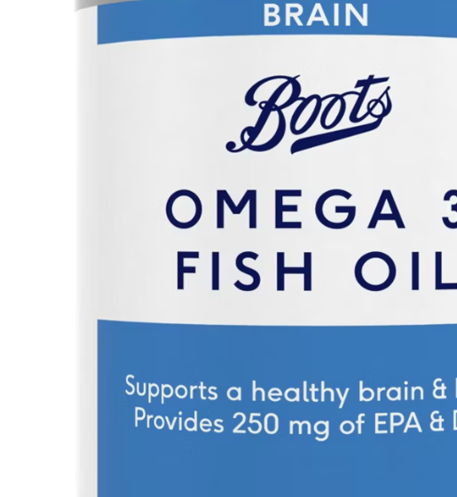 Boots Omega 3 Fish Oil 1000mg, 180 capsules, displayed in a clear bottle with a label highlighting its health benefits.