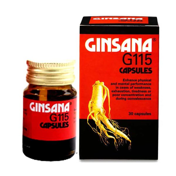 A bottle of Ginsana G115 ginseng capsules next to a box, showcasing the product's packaging and branding.