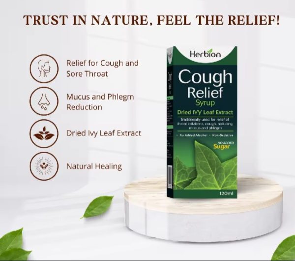 Herbion Cough Relief Syrup with dried ivy leaf extract, 120ml bottle, designed for effective cough relief.