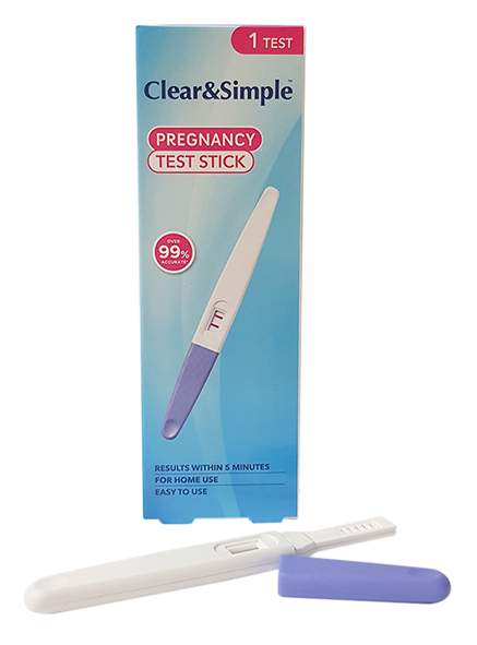 Clear and Simple pregnancy test strips displayed in a kit, designed for easy and accurate home testing.