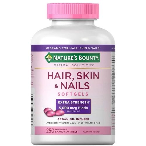 Nature's Bounty Extra Strength Hair, Skin and Nails softgels, 120 count, promoting healthy hair, skin, and nails.
