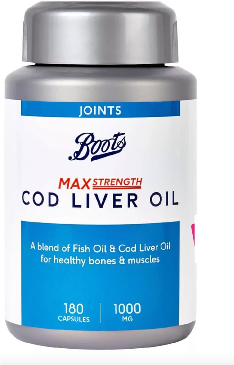 Boots Max Strength Cod Liver Oil 1000mg, 180 capsules, displayed in a clear bottle with a label on a white background.
