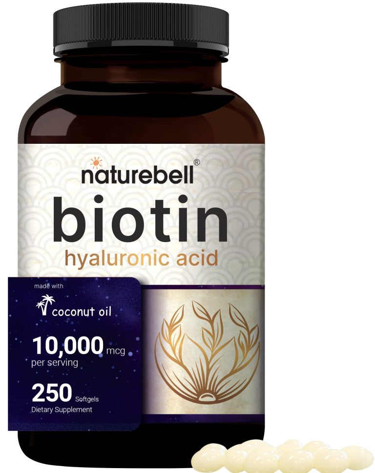 Naturebell Biotin 10000mcg with Hyaluronic Acid 25mg, 250 capsules, promoting healthy hair, skin, and nails.