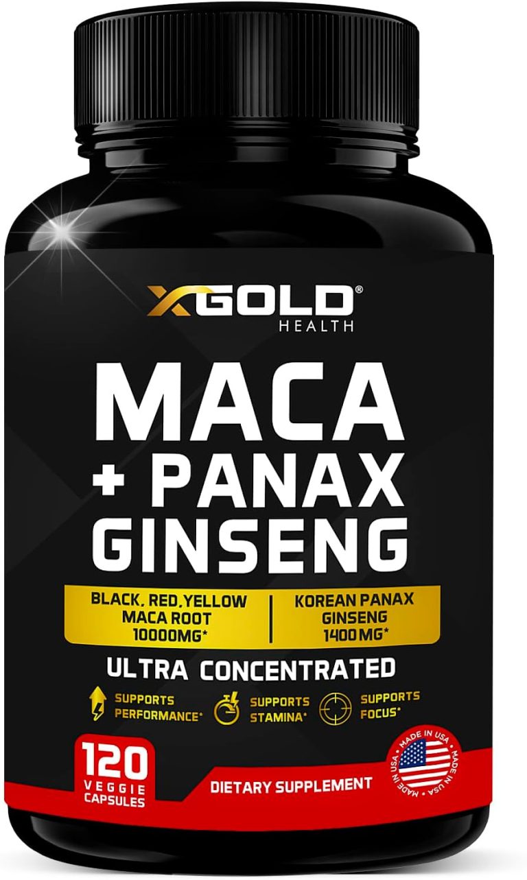 Maca and Panax ginseng supplement bottle, featuring 120 capsules with 10,000mg maca root and 1,400mg ginseng per serving.