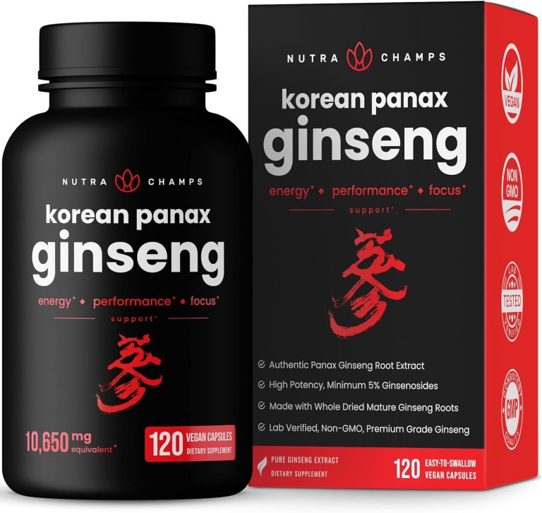NutraChamps Korean Red Panax Ginseng, 120 capsules, displayed in a bottle with a red and white label.