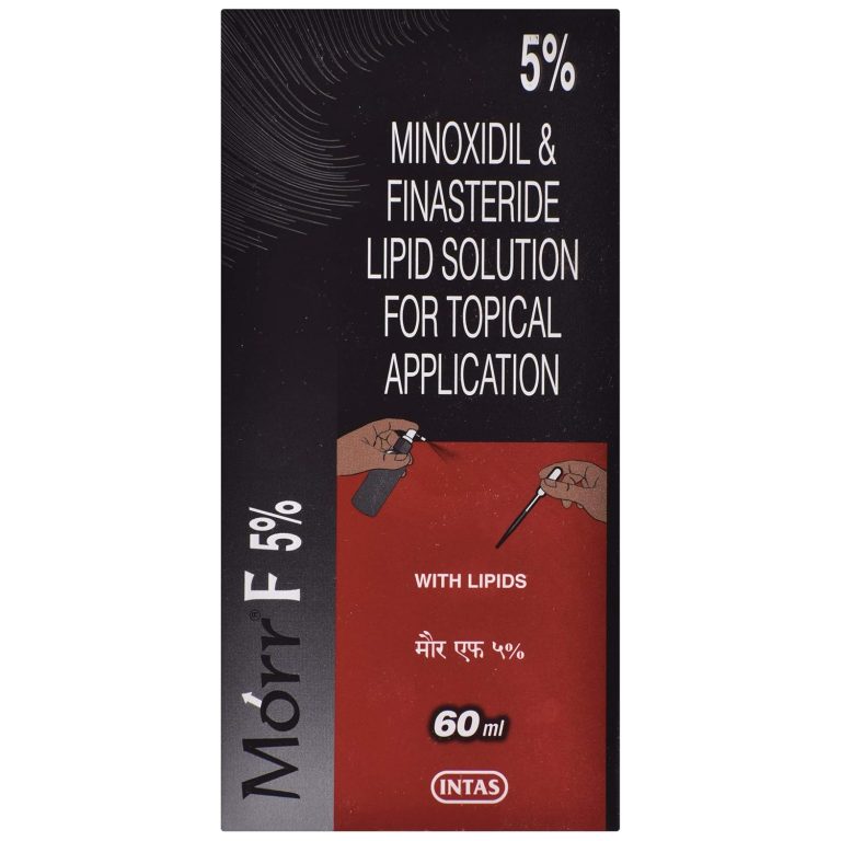 A 60ml bottle of Morr F 5% Solution containing Minoxidil and Finasteride on a white background.