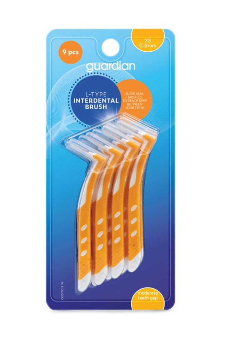 A pack of five orange and white toothbrushes, labeled as Guardian Interdental Brush L-Type 0.8mm (9 Pcs).