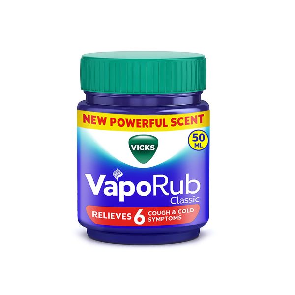 Vicks Vaporub Cold Relief 50ml jar for alleviating pain and discomfort with soothing menthol and eucalyptus.