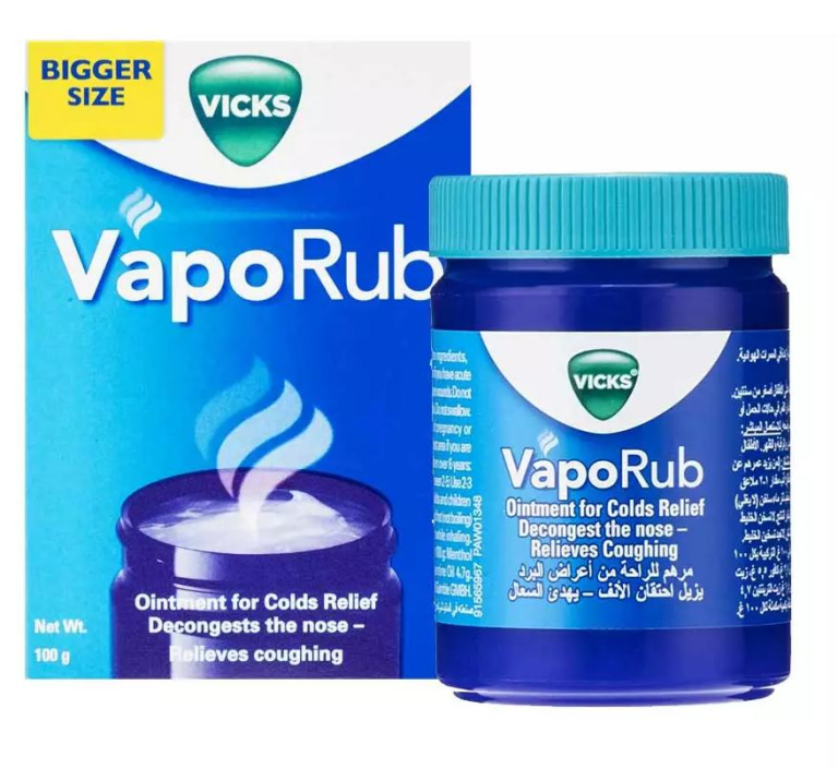Vicks VapoRub 100 g balm for cold and flu relief, featuring a soothing menthol formula for pain relief.