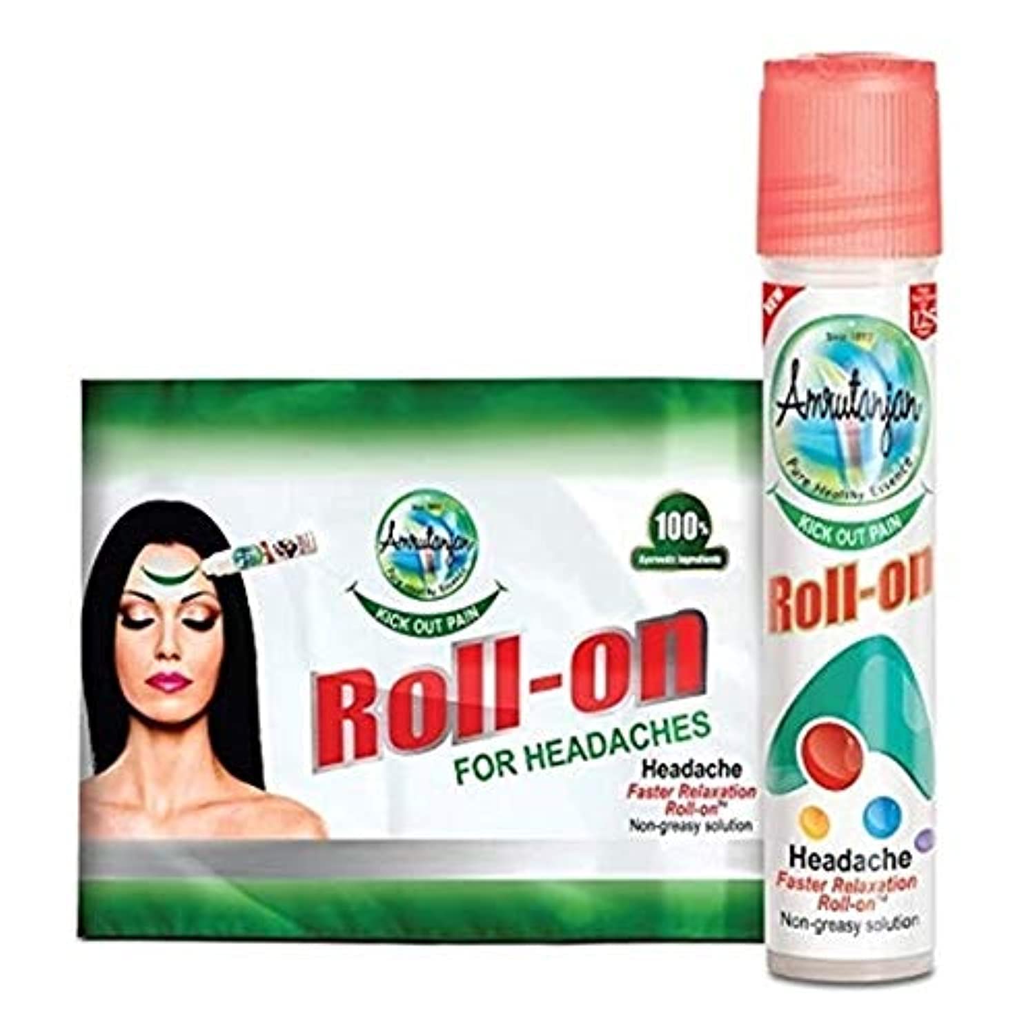 379 (1) A tube of Amrutanjan Headache Faster Relaxation Roll On 10ml next to a tube of toothpaste on a plain background.