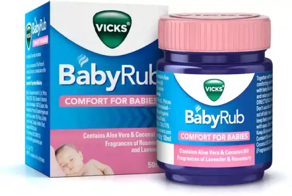Vicks Baby Rub 50gm container, designed to provide comfort for babies with soothing ingredients.