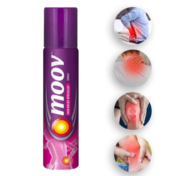 Moov Pain Relief Spray 80gm bottle, designed for quick relief from muscle and joint pain, displayed against a neutral background.