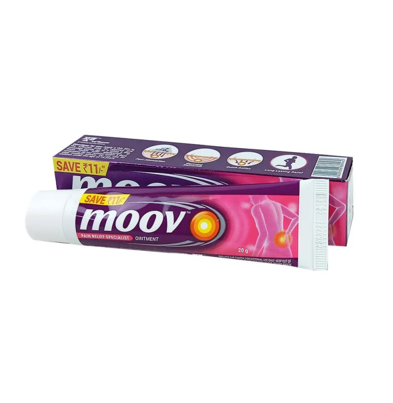Tube of Moov Pain Relief Cream 20gm on a pink background.