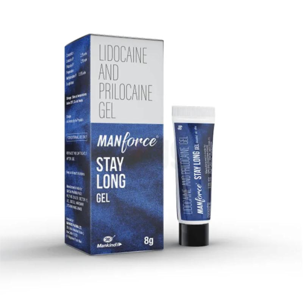 Manforce Stay Long Gel 8gm and lotion displayed together, promoting extended duration for enhanced performance.